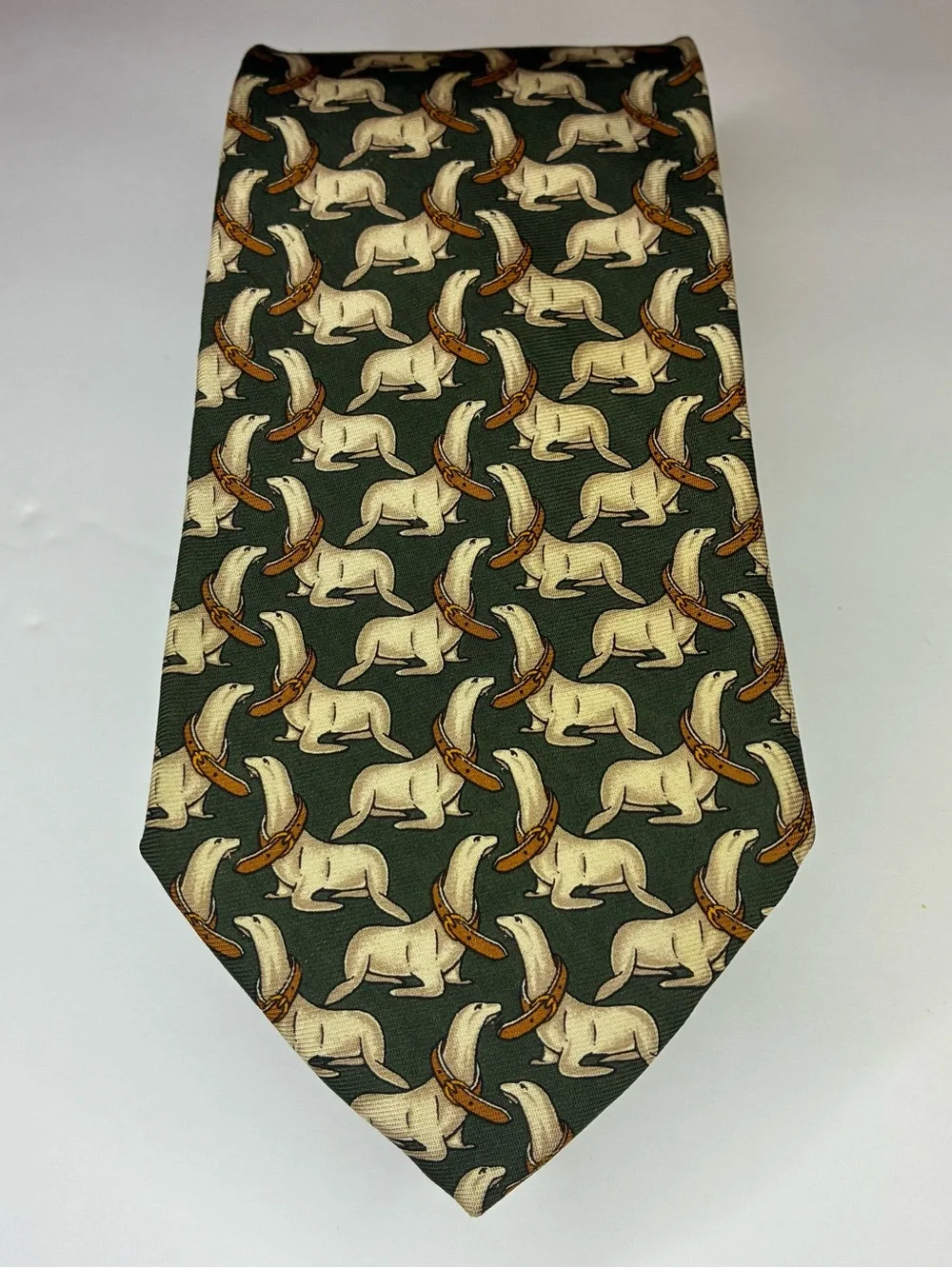 Brooks Brothers Makers Silk Tie Vintage Green Sea Lion Seal Animal Print Preppy